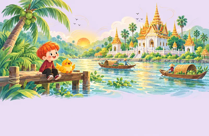 Chùa Khmer, thuyền và cây dừa nước trên sông