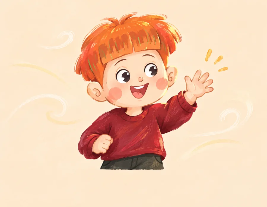 Martin — cậu bé tóc cam đỏ đang giơ tay chào