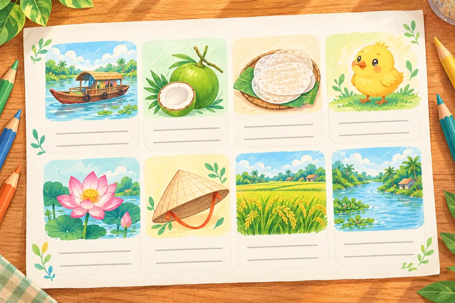 Phiếu từ vựng tiếng Anh cho bé với hình thuyền, dừa, bánh tráng