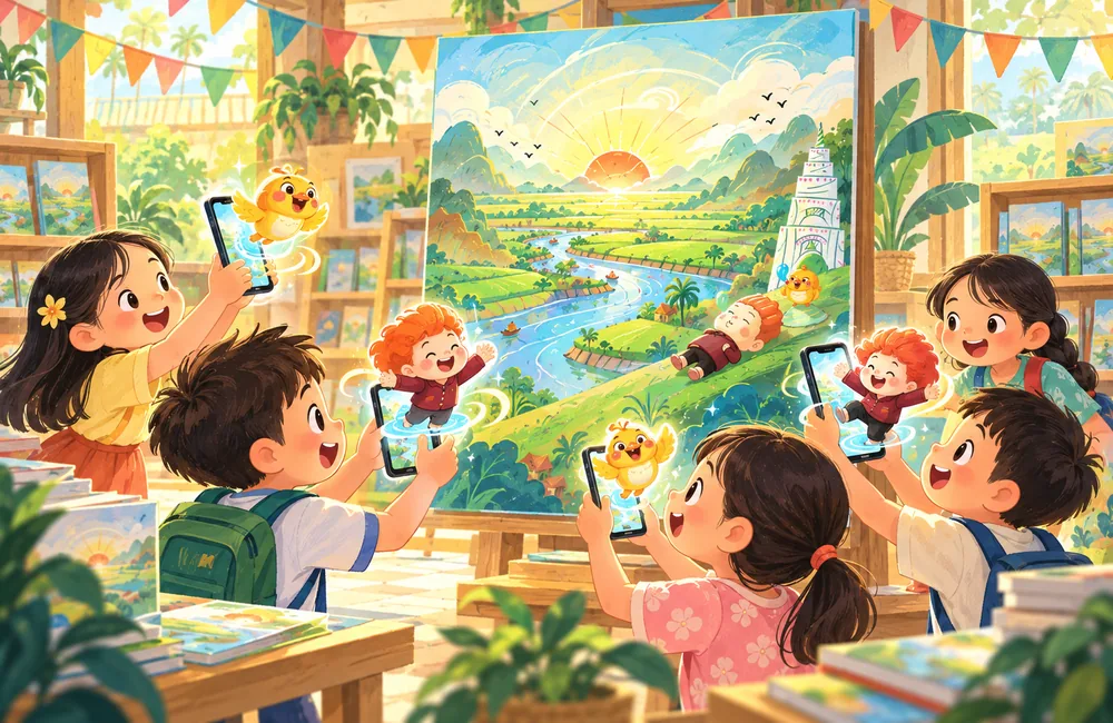 Minh hoạ nhóm trẻ quét poster lớn về bộ sách